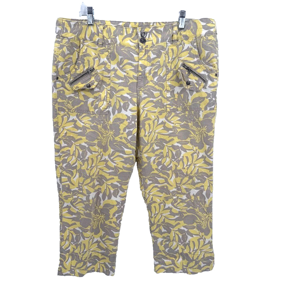 Tribal Womens Size 14 Floral Cargo Capri Pants Yellow Gray Cotton Cropped
